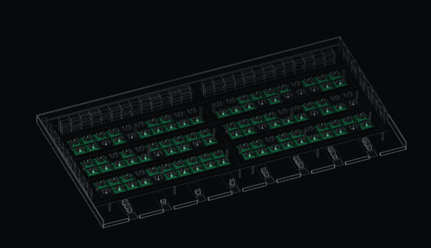 Illustration: warehouse floor in an axonometric view, drawn in small squares, with 120 work cells in rows along aisles, rack rows, columns and dock doors. 90 of the 120 cells are green: they run without an operator.