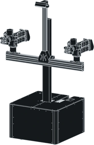 Line drawing of Bit 0.1: the arms ride on a vertical lift over a square base
